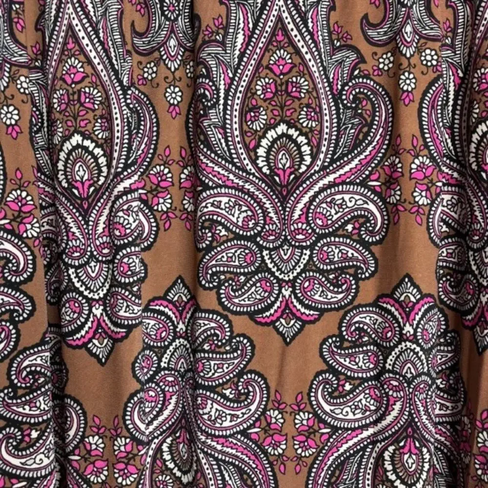 Bob Mackie Paisley Midi Skirt L Boho Chic Stretch Pull-On Pink Brown